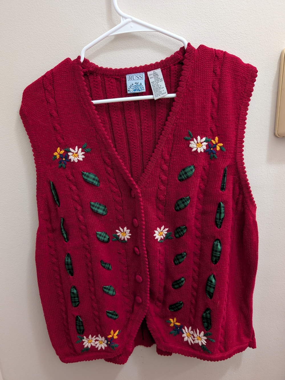 Vintage Russ Floral V-Neck Sweater Vest Red XL